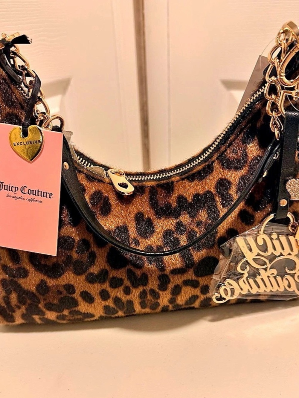 Juicy Couture Leopard Print Faux Fur Shoulder Bag Brown & Green